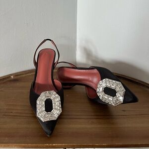 Black and Silver Slingback Heels with Ornate Buckle